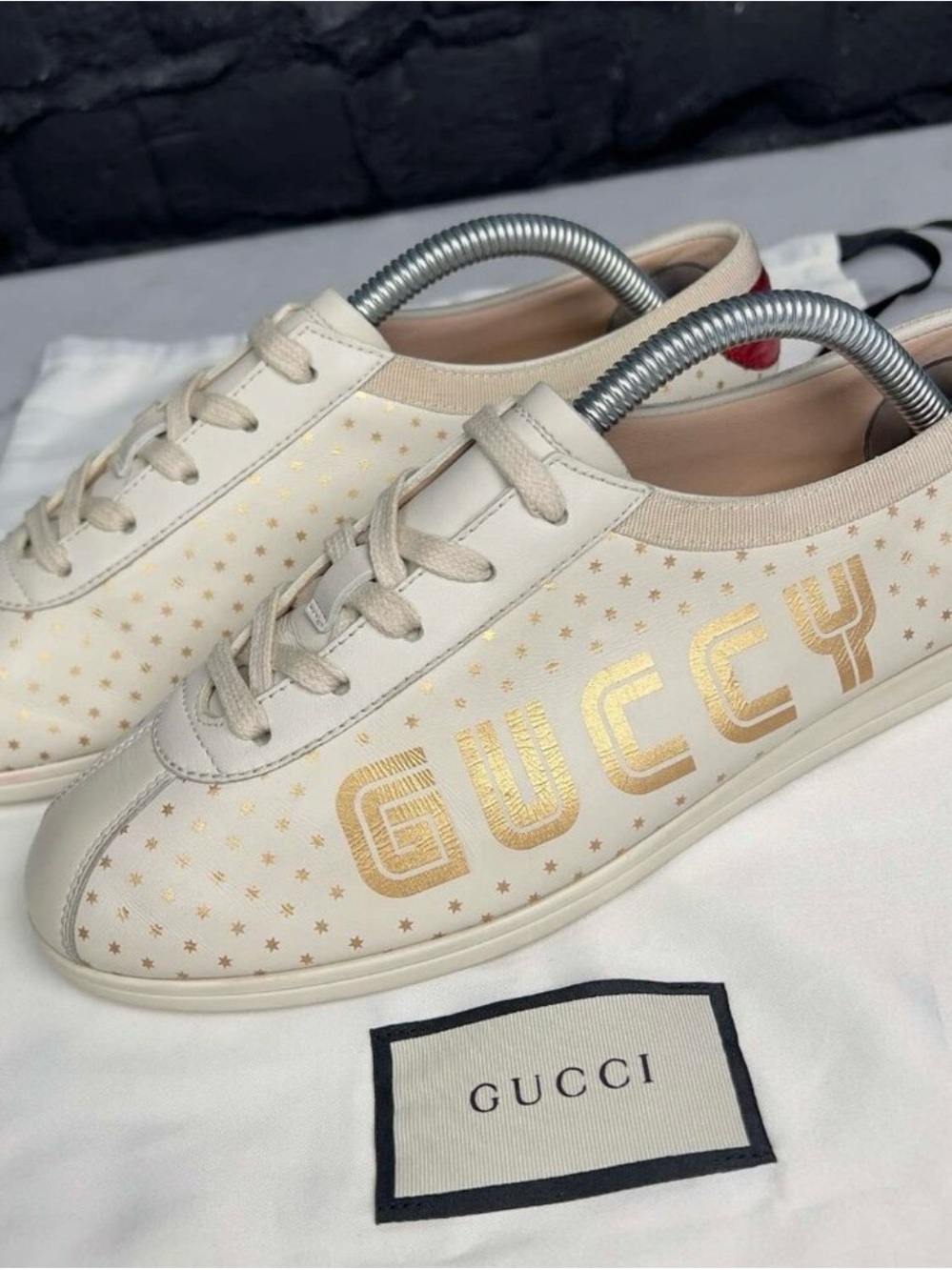 Gucci Cream Leather Low-Top Sneakers with Gold Logo & Star Print